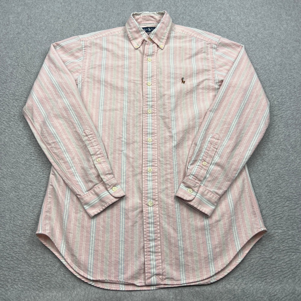 Ralph Lauren Button Up Mens Small Pink Striped Classic Fit Flesh Pony LS Shirt
